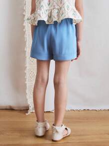 SHEIN Young Girl Summer Denim Shorts With Wood Buttons - Blue - View 4