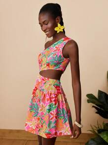 Travachic Summer Holiday Style Tropical Print Cutout Waist Sleeveless Dress, Vacation, Summer, Summer Outfits For Women, Beachwear, Beach Outfits For Woman, Vacation Outfits Women, Concert Outfit Women, BOHO, Tropical Vacation Woman Clothes, Summer Dresses For Women, Holiday Outfits Vacation Dress