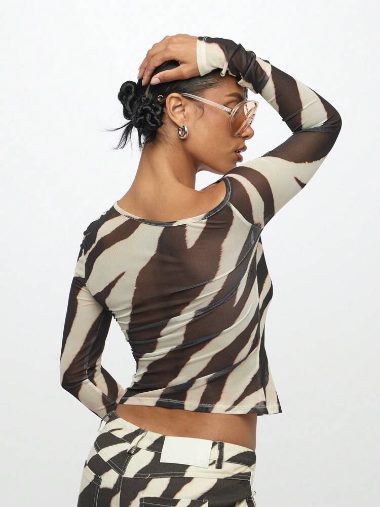 SUMWON Top de mode à manches longues à l'épaule dénudée en maille transparente à imprimé animal, style bohème festif, pour la danse, les soirées, une tenue glamour, dans le style Y2K