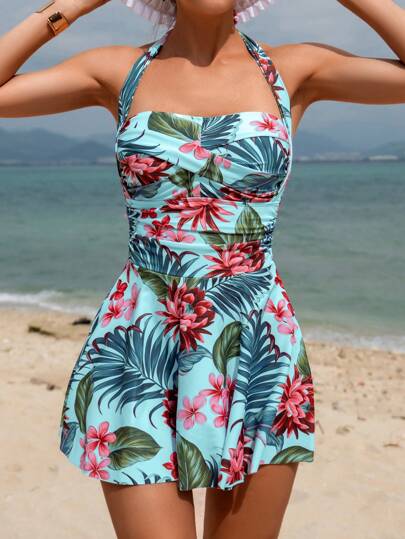 Swim Vcay 女士热带植物印花交叉设计连体泳衣，度假款