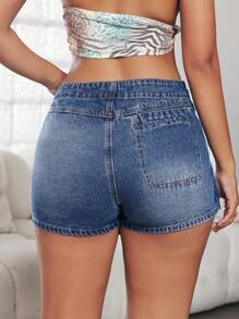 Jeanoix High-Waisted Denim Shorts, Blue Washed Denim Shorts, A Must-Have Item For 2025, Perfectly Suitable For Daily Wear - Medium Wash - View 3