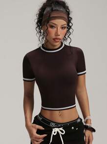 Easithlete 无缝高弹力撞色条纹修身运动T恤，夏季 - 棕色 - 查看 8