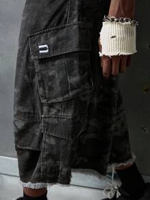 NEON BLANC Men's Street Fashion Denim Loose Wide Leg Camouflage Embroidery Decor Pocket Capri Pants, School, Streetwear Ready