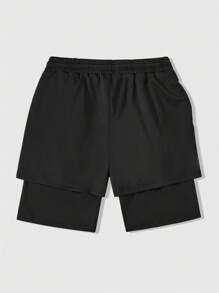 ROMWE MEN Street Life Men's Cartoon Print 2 In 1 Basketball Shorts, Suitable For Daily Wear In Spring/Summer - Black - View 2