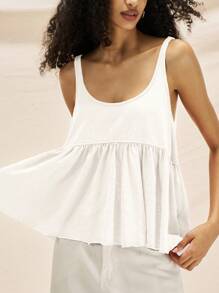 Easelle Summer Casual Splice A-Line Washed Vintage Tank Top Cotton - White - View 5