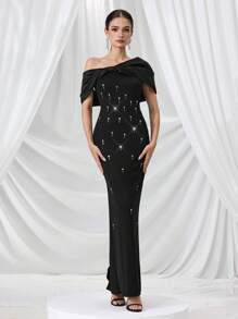 Coutiva 女士优雅不对称领口水晶装饰鸡尾酒会礼服女士礼服生日女士休闲礼服女士黑色礼服工作夏装女士短裙夏季，万圣节 - 黑色 - 查看 4