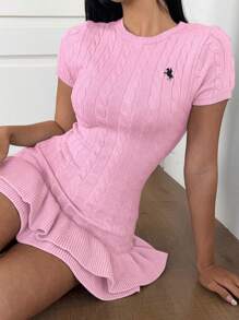 SHEIN EZwear Women's Summer Casual Embroidery Detail Ruffle Hem Mini Knit Dress,Fall Dress