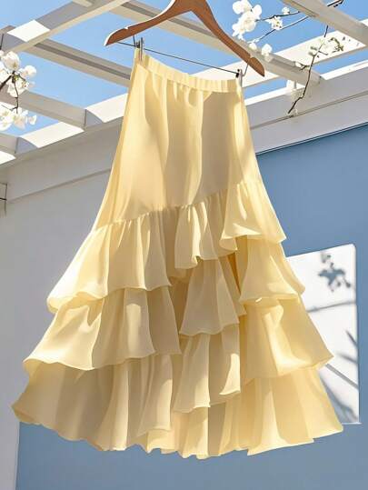 Celisse 女士时尚优雅多层荷叶边下摆 A 字裙，带有分层细节，春夏
