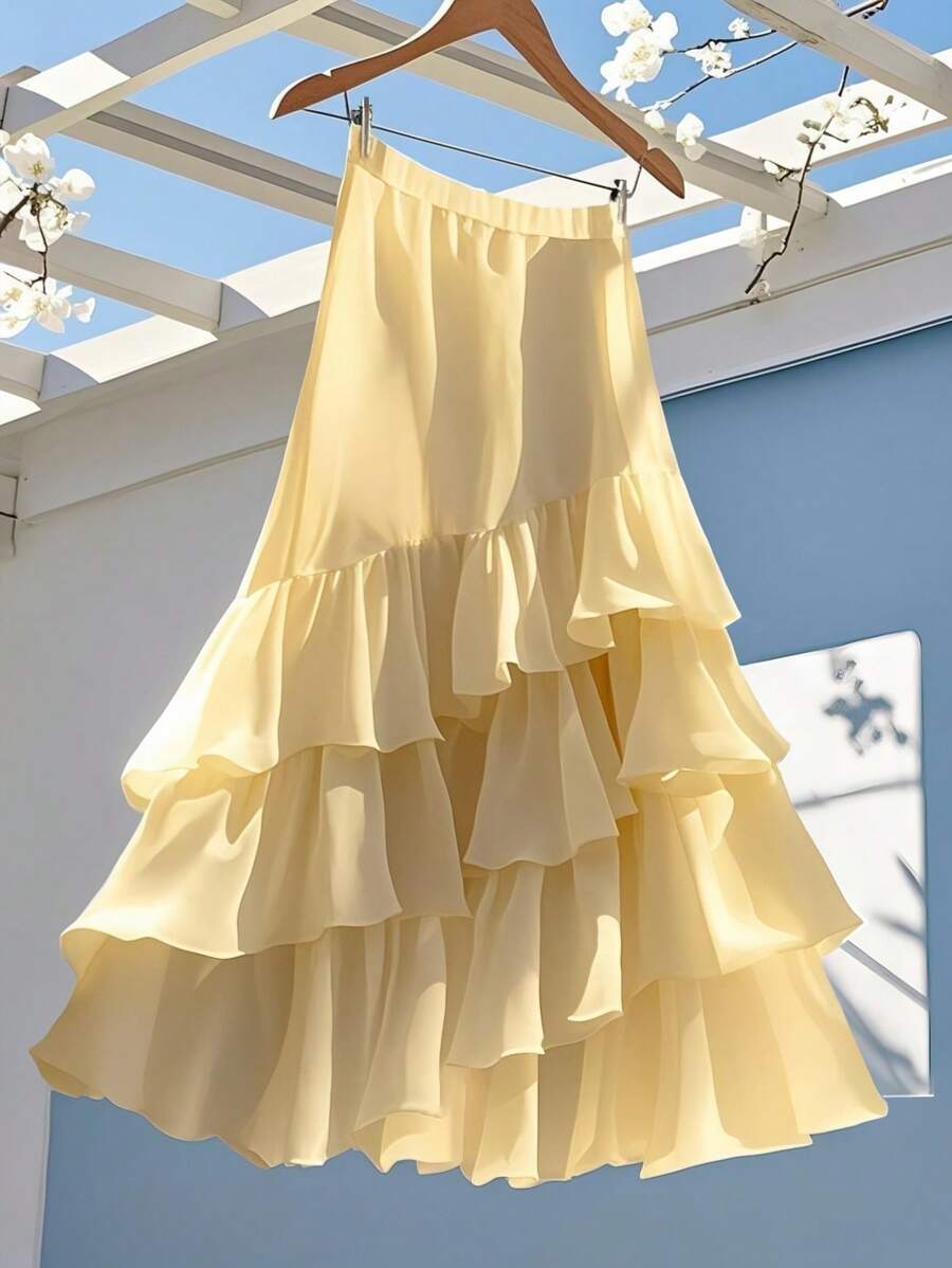 Celisse 女士时尚优雅多层荷叶边下摆 A 字裙，带有分层细节，春夏 - 黃色 - 查看 1