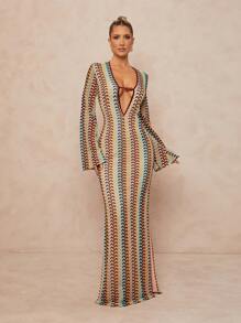 Lumalex Fall Modest Old Money Coquette Rave Festival Outfits Formal Fall Modest Old Money Coquette Summer Swimsuit Swimwear Swim Vacation Elegant Easter Bohemian BOHO Sea Beach Hot Outdoor Richly Layered Wedding Season Banquet Coming Of Age Ceremony Beach Seaside Metal Decor Deep V-Neck Flared Long Sleeve Bodycon Striped Print Dress For Women Women Dresses Birthday Women Casual Dress Long Dress With Sleeves Crochet Dress Striped Dress Unique Dress Cruise Dinner Dress - Multicolor - View 1