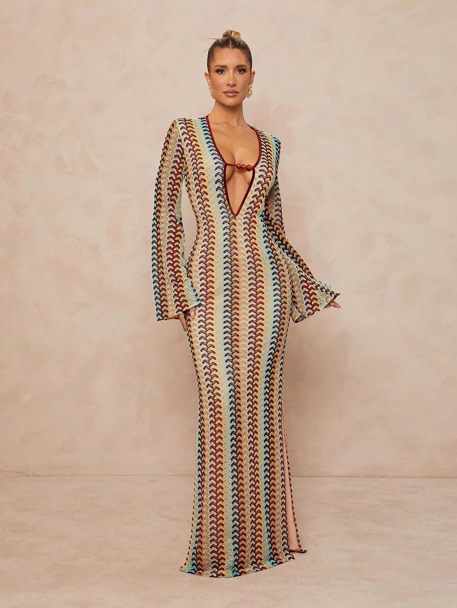 Lumalex Fall Modest Old Money Coquette Rave Festival Outfits Formal Fall Modest Old Money Coquette Summer Swimsuit Swimwear Swim Vacation Elegant Easter Bohemian BOHO Sea Beach Hot Outdoor Richly Layered Wedding Season Banquet Coming Of Age Ceremony Beach Seaside Metal Decor Deep V-Neck Flared Long Sleeve Bodycon Striped Print Dress For Women Women Dresses Birthday Women Casual Dress Long Dress With Sleeves Crochet Dress Striped Dress Unique Dress Cruise Dinner Dress - Multicolor - View 1