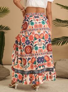 Travachic Saia Casual Estampada com Floral Apricot, Cintura Elástica e Fenda Alta para Mulheres Plus Size, Férias de Verão na Praia de South Beach Santorini, Festa na Piscina, Menina Coco, Férias na Praia, Passeios pela Cidade, Feriados, Vestuário Ocidental - Damasco - Visão 3