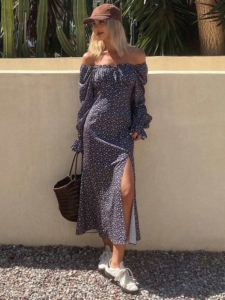 Women's Floral Print Off Shoulder Elegant Long Sleeve Mid-Length Dress Maxi Dress Boho