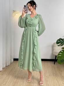Modelyn Women Solid Color Elegant Ruffle Trim V-Neck Mid-Length Dress, Long Sleeve - Green - View 3