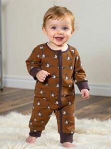 SHEIN Playful Pals Kids Fall Winter Long Sleeve Zip Romper, Retro Brown Cute Duck Print, Great For Daily Trips, Free Movement For Crawling & Walking - Brown - View 1