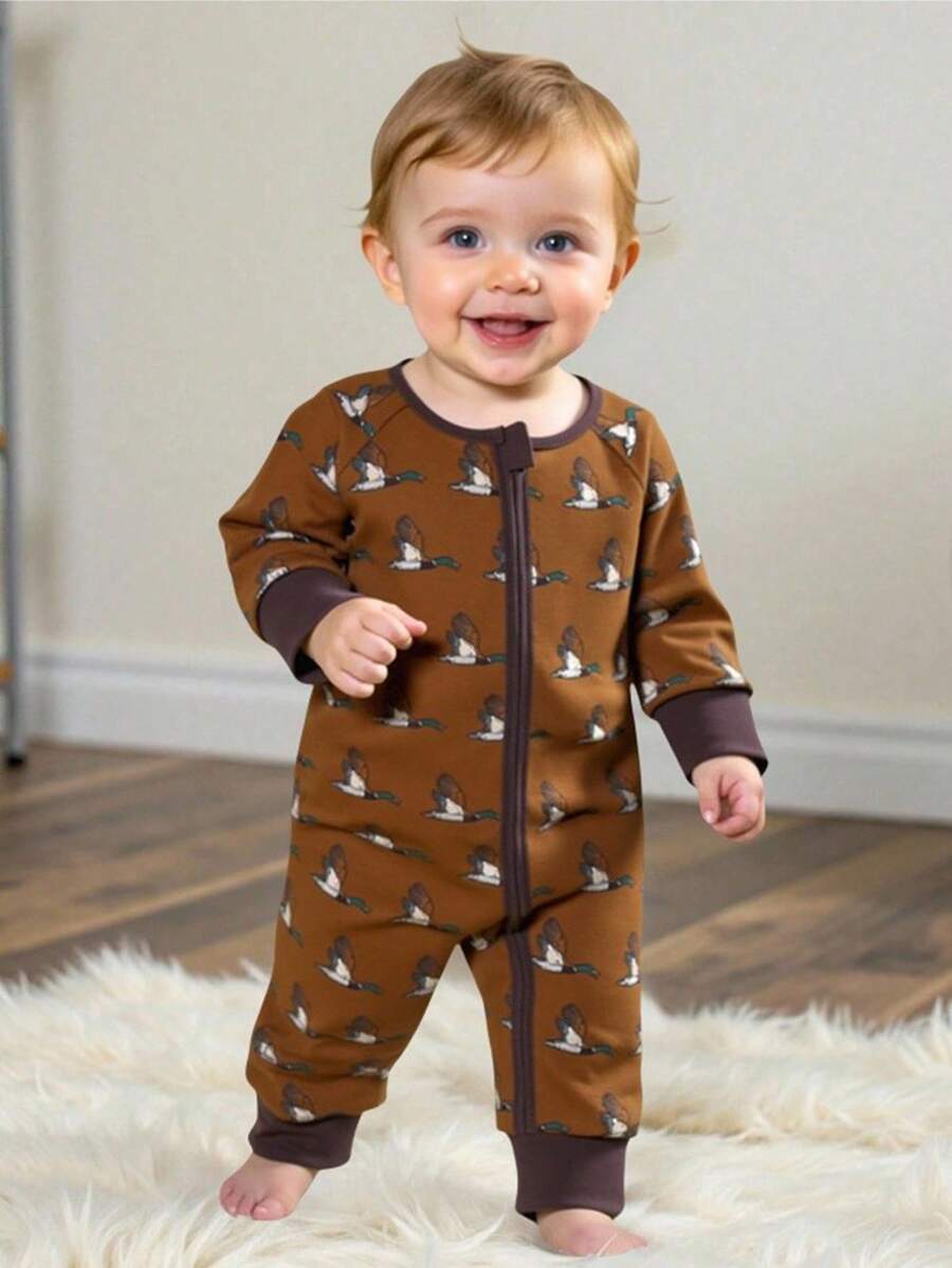 SHEIN Playful Pals Kids Fall Winter Long Sleeve Zip Romper, Retro Brown Cute Duck Print, Great For Daily Trips, Free Movement For Crawling & Walking - Brown - View 1