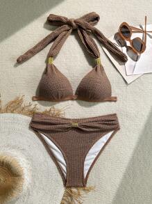 Swim Chiccia 2 件套女士纯色露背度假风分体泳衣套装 - 咖啡棕 - 查看 8
