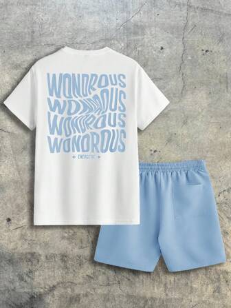 AXEPEAK Conjunto casual de camiseta de manga corta de cuello redondo con estampado de letras y pantalones cortos para hombre, listo para el streetwear de verano