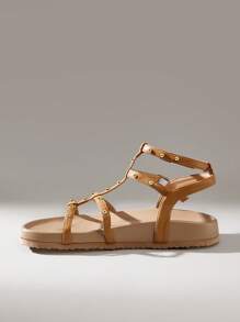 Solecia 女士时尚棕色露趾休闲系带舒适平底凉鞋，适合春夏季度假 - 棕色 - 查看 3