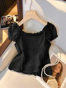 Franclia 女士甜美优雅法式撞色蕾丝露肩系带修身短款上衣，春夏款 - 黑色 - 查看 2