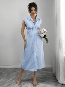 Momance Maternity Blue Striped Print Twist Front Button Down Dress - Blue - View 5