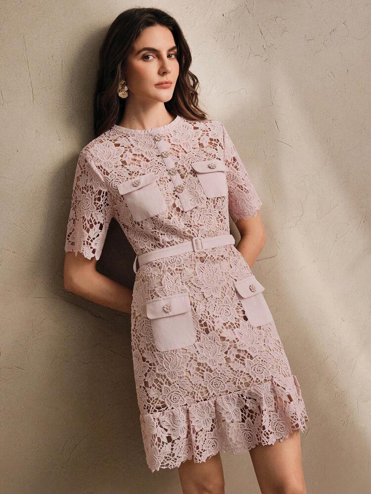 Women's Elegant Blue Lace Trim Fashionable Classic Knee-Length Short Sleeve Casual Dress, Suitable For Spring, Summer, Festivals, Holidays