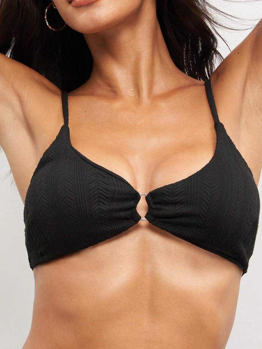 SHEIN Swim Women's Casual Solid Color Textured Fabric Adjustable Straps Bikini Swimsuit Top For Summer Beach Vacation