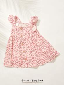 Cozy Pixies Vestido sin mangas con cuello en V con volantes y cintura ceñida de estampado de leopardo para bebé niña