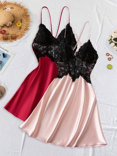SilkySpell 2pcs/Set Women's Satin Lace Backless Camisole Nightgown Set
