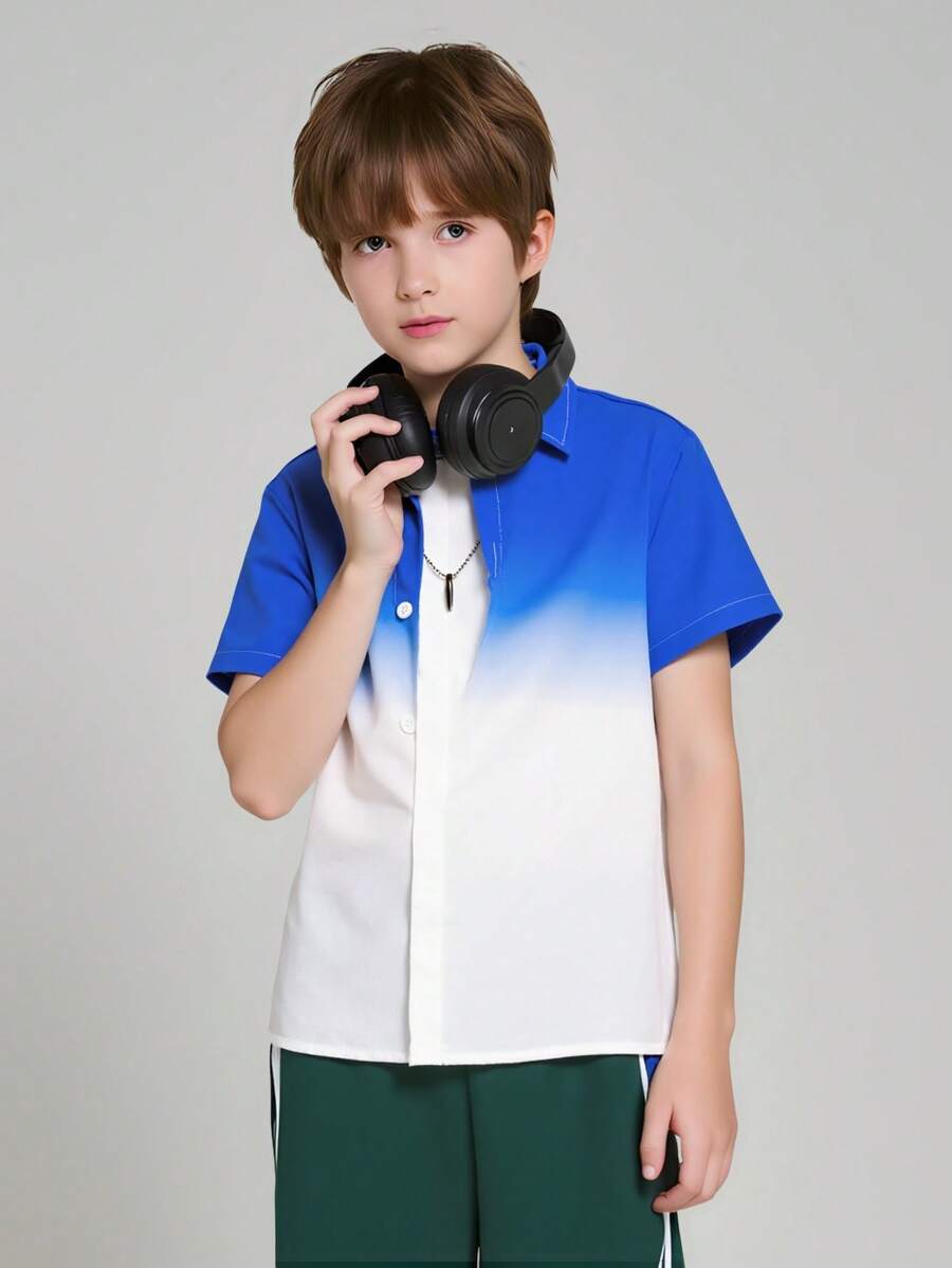 SHEIN Tween Boy Ombre Short Sleeve Shirt, Fashionable Ombre Design, Breathable Fabric, Comfortable For Everyday Wear - Royal Blue - View 1