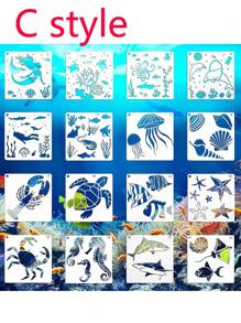 12 件/16 件几何图案模板，用于木材绘画，套装海洋生物镂空绘图模板绘画图案描摹素描工具，用于 DIY，砖心形圆点单元格齿轮方形线条树纹抽象瓷砖模板蜂窝模板用于墙壁剪贴簿饼干家具地板装饰返校 - 彩色 - 查看 6