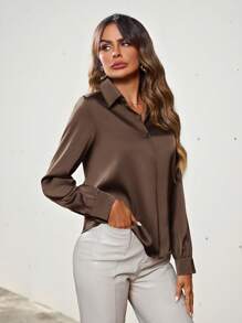 Aveloria Modichic Solid Color Button Down Long Sleeve Shirt Holiday Party Clothes Button Up Shirt Women  Fall Cloth For Women - Coffee Brown - View 4