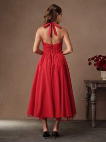 Savoree Women's Red Halter Neck Flared Mini Dress, Slim Fit European And American Style