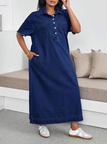 SHEIN Lady 大码休闲牛仔连衣裙，蓝色，短袖 - 深色水洗藍 - 查看 6