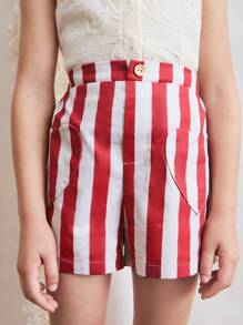 SHEIN 少女心口袋条纹印花休闲短裤 - 彩色 - 查看 4