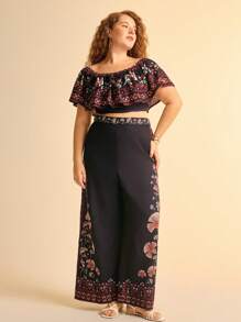 CAJUNI 大码女式波西米亚花卉印花荷叶边露肩休闲黑色衬衫，休闲度假 - 彩色 - 查看 4