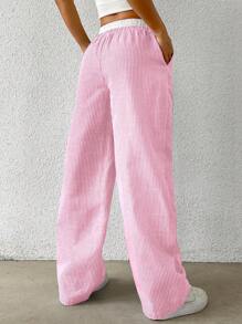 SHEIN 少女蓝白撞色腰部松紧腰休闲百搭梭织条纹阔腿裤 - 粉色 - 查看 2