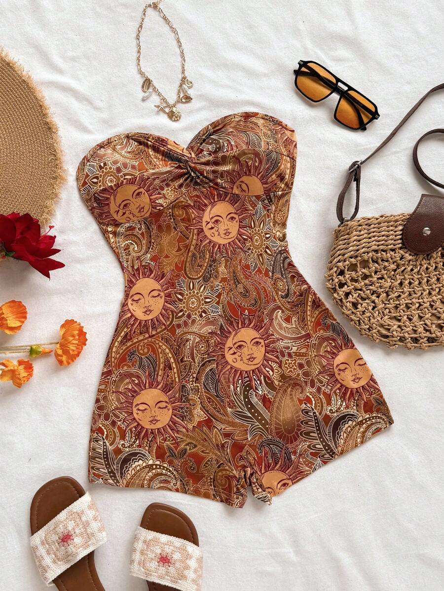 Soleia Combinaison courte casual d'été pour femmes avec imprimé soleil et torsade avant - Tabac - Voir 1