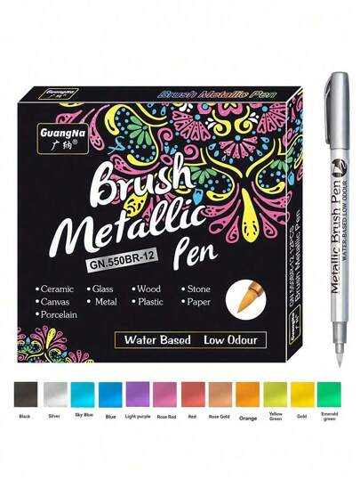 12 Stücke/Set Metallic-Markerstifte mit Pinselspitze, Farbstifte zum Malen auf schwarzem Papier, Glas, Stein, zum Basteln, Scrapbooking, Alben, Metallic-Marker, Schulmaterial
