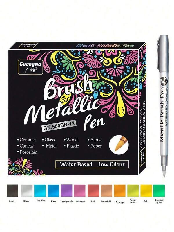 Set da 12 Pennarelli metallici con punte a pennello, colori per pittura su carta nera, vetro, rocce, album scrapbooking, forniture per studenti