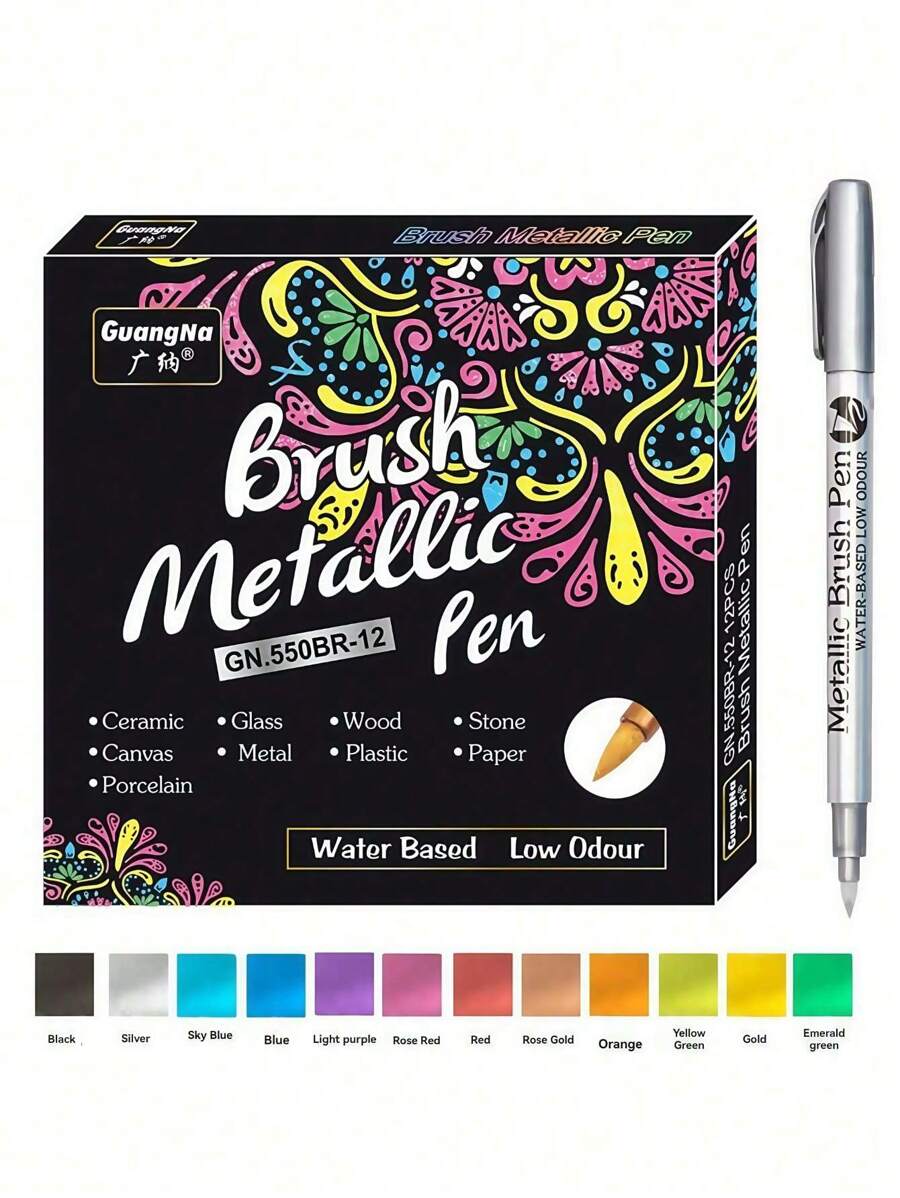 12支/套金属马克笔，适用于黑色纸张、玻璃、摇滚笔、绘画、剪贴簿、相册、金属马克笔、学生文具