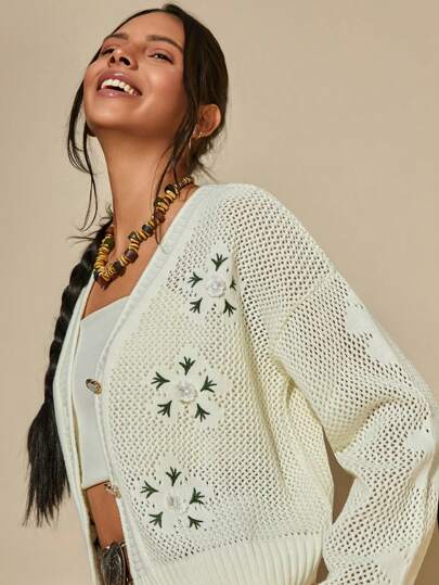 Bóhologie Women Cardigan With Flower Embroidery Hollow Out Detail Open Knit Cardigan Free People Cottagecore Clothes Embroidered Cardigan Summer Cardigan For Women Women Sweaters,Autumn,Cardigans