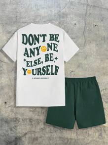 AXEPEAK 男士标语图案 T 恤和短裤夏季服装，街头潮流