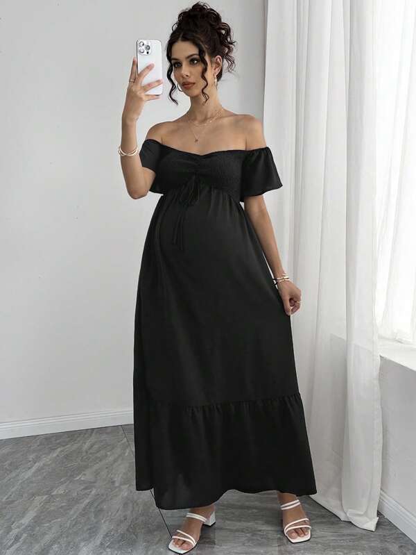 Momance Fashionable & Versatile Solid Color Drawstring Maternity Dress
