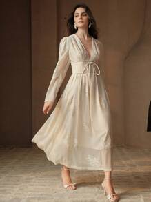Anewsta Embroidered Floral Beaded V-Neck Long Sleeve Elegant Modern Women Dress, Spring/Summer - Apricot - View 4