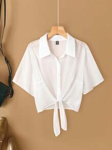 EMERY ROSE Plus Size Women's Casual Slip-On V-Neck Blouse, Versatile Wear For Work Or Leisure, Lightweight Fabric, Suitable For Spring/Summer - White - View 1