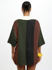 SUMWON WOMEN 超大 SMWN 标志钩针宽松针织 Polo 领校园套头衫风格上衣秋冬毛衣学院风套头衫运动休闲街头服饰 - 卡其色 - 查看 2