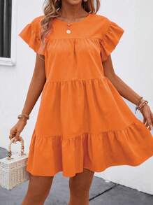 Breezaya Đầm babydoll rộng rãi cổ tròn màu trơn mùa hè cho nữ có viền bèo nhún trang phục đi biển - trái cam - Xem 5