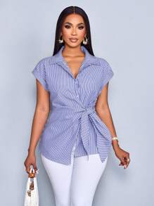 SOLERSUN Women's Striped Print Button Front Shirt,Casual Elegant Striped Print Tie Front Detail Blouse - Royal Blue - View 4