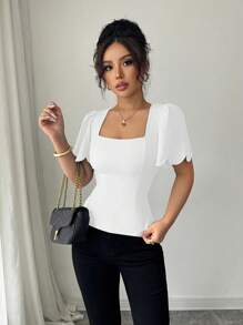 Elenzga Top court évasé à manches évasées avec bordure en coquillage de couleur unie style français, T-shirt ajusté à col carré et manches bouffantes élégant - Blanc - Voir 4